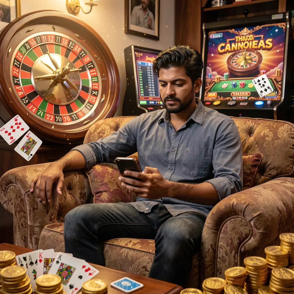 Bangladeshi man enjoying mobile casino gameplay on the JYJILL BET app surrounded by roulette wheels cards and gold coins