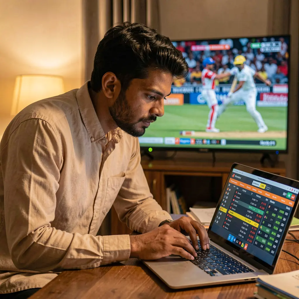 Focused Bangladeshi sports bettor analyzing live cricket odds on a laptop with JYJILL BET while following match highlights on TV