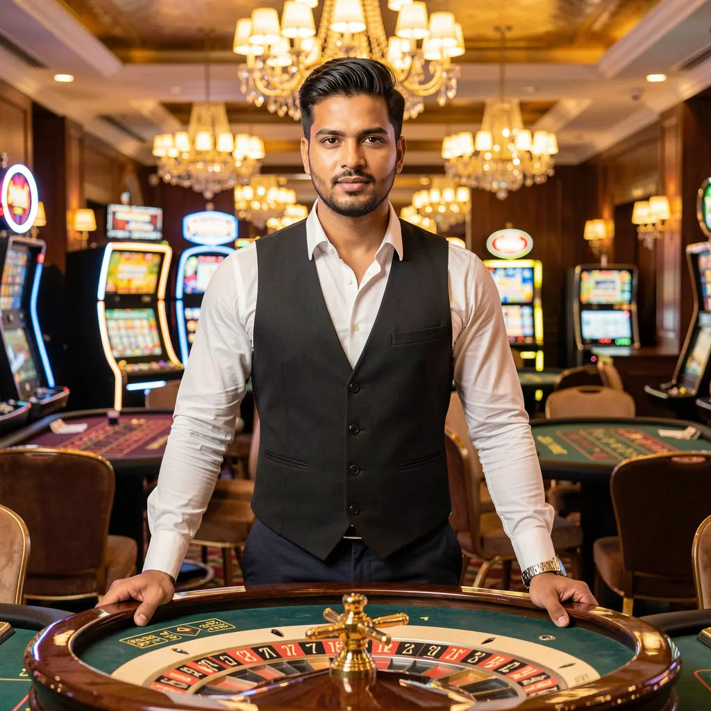 Confident casino dealer standing at a glowing roulette table in a luxury gaming hall representing the high quality live casino experience at JYJILL BET in Bangladesh