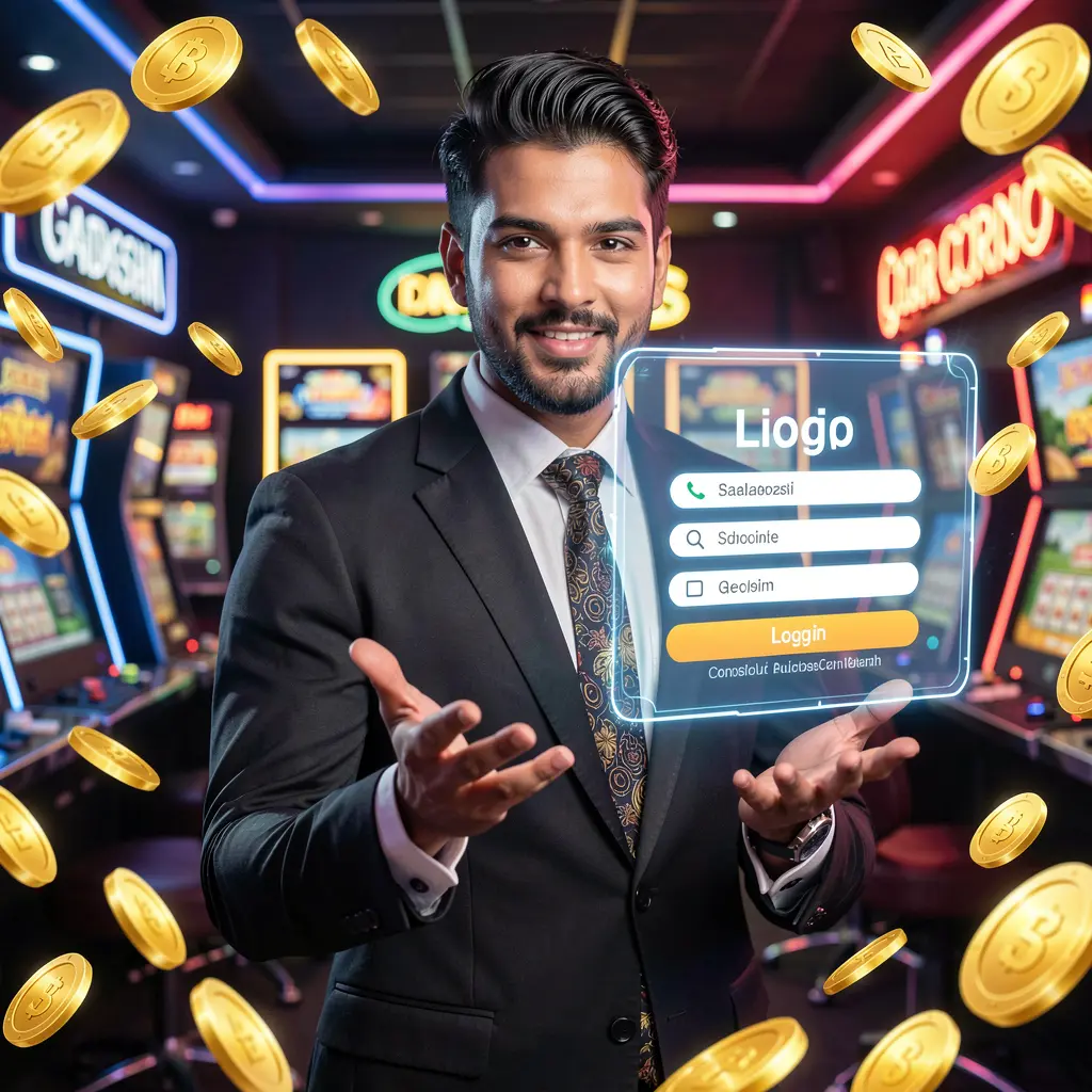 Confident Bangladeshi casino dealer welcoming players to the JYJILL BET login interface with floating coins and bright casino lights